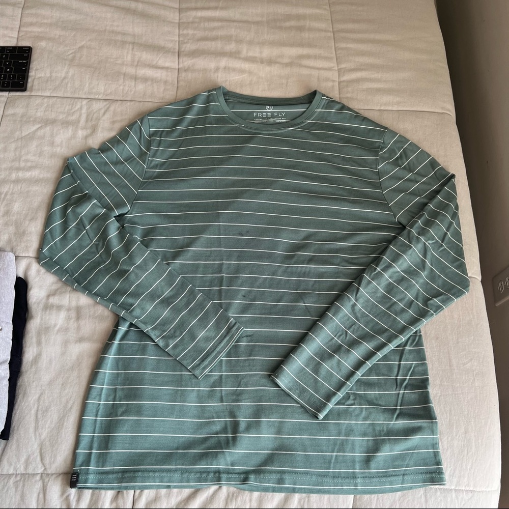 Free Fly Bamboo Long Sleeve T-Shirt - Teal with White Stripes - XL